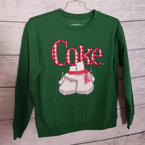 Coca Cola Coke Logo Green Christmas Sweatshirt Polar Bear Womens Large NEW - Picture 1 of 9